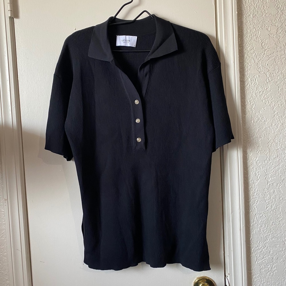 Legoe Heritage Womens Black Ribbed Knit Polo Short Sleeve Button Top Size S